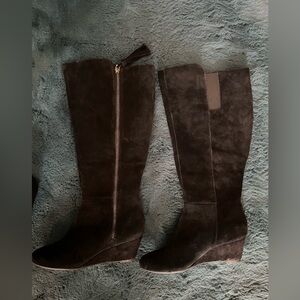 Anne Klein Suede Leather Knee High wedge boots 7 tassel zip up closure